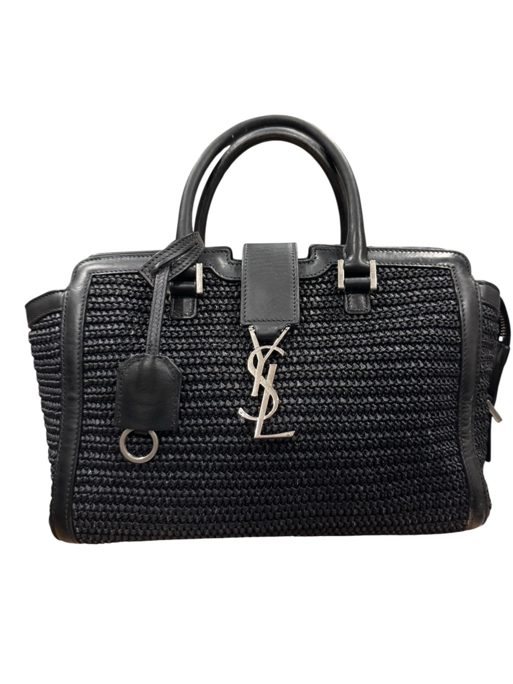 Saint Laurent Black Raffia & Leather Baby Downtown Cabas Bag Silver YSL Handbag